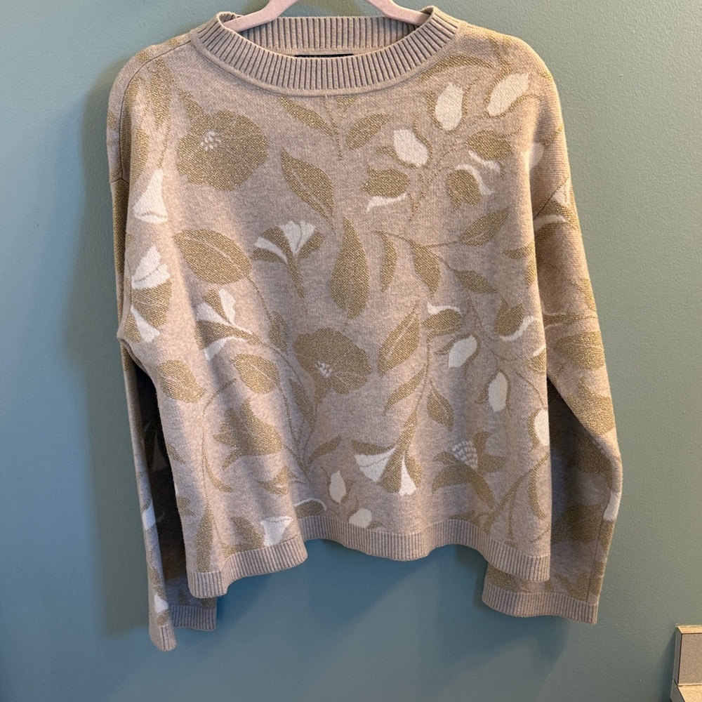 Ann Taylor Leaf Pattern Crew Neck Sweater - Olive and Cream